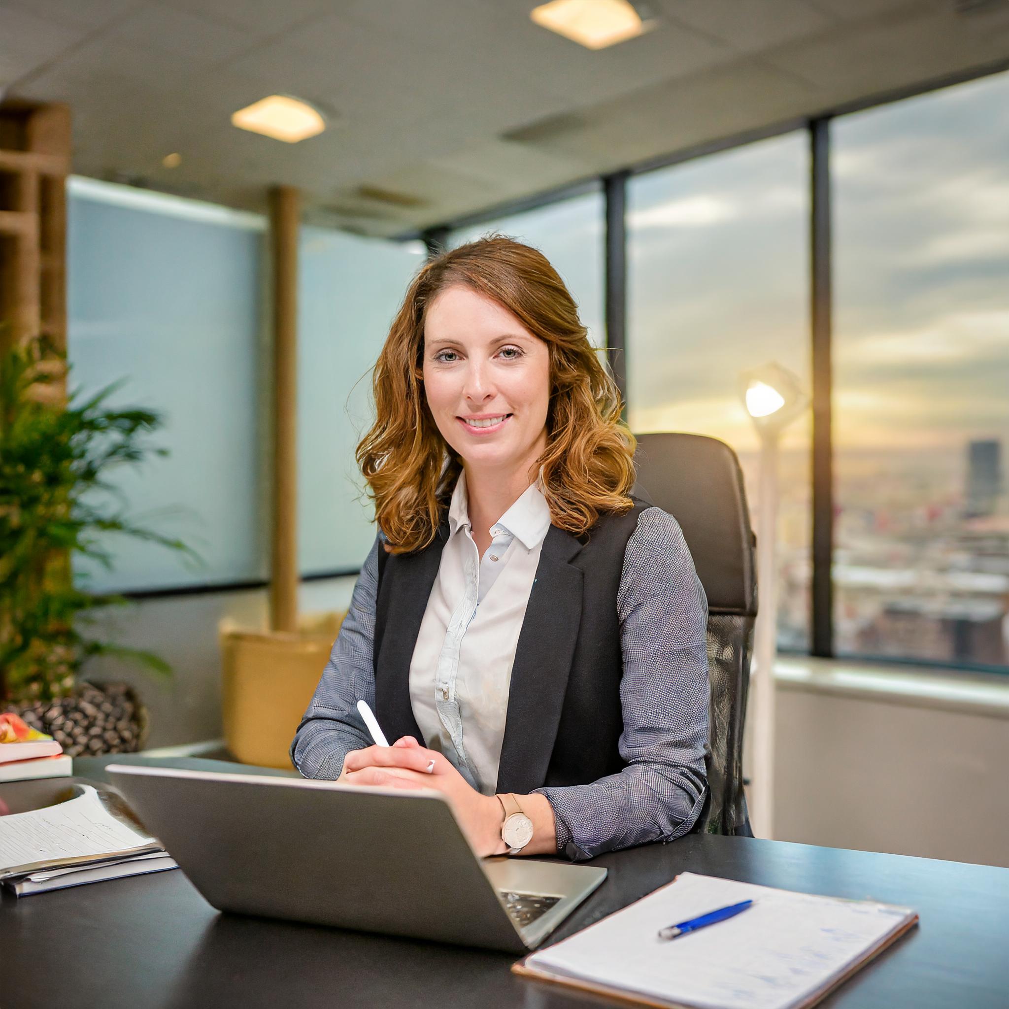 Frau mit Laptop, die an einem modernen Arbeitsplatz sitzt, Marketing-Konzepte durchgehend