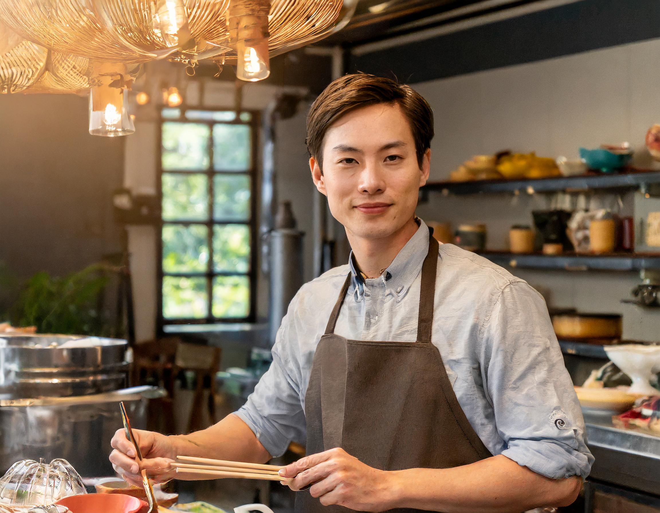 Mann, der in einem stilvollen Küchenstudio mit Küchengeräten arbeitet